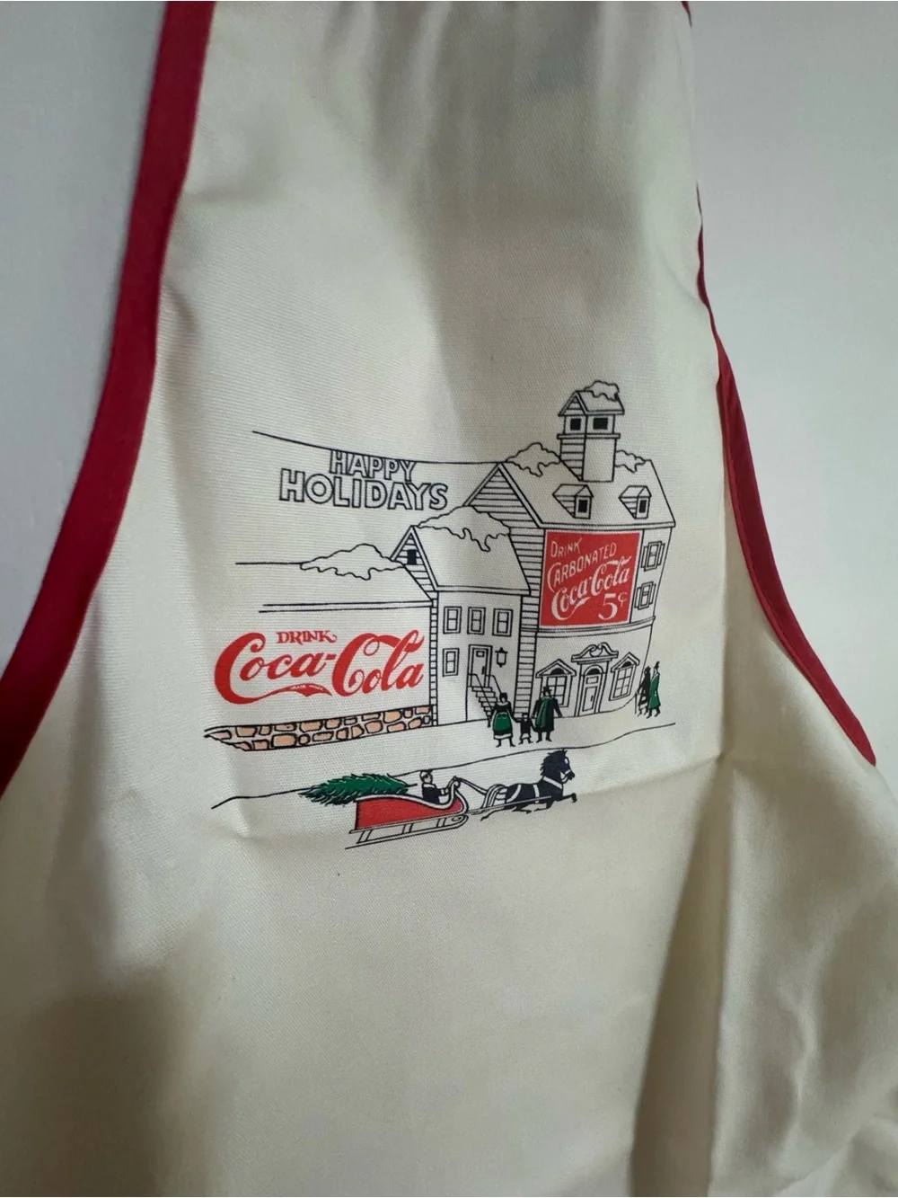 Coca Cola Cream Apron & Hot pads with Red Trim and Holiday Wagon Graphic